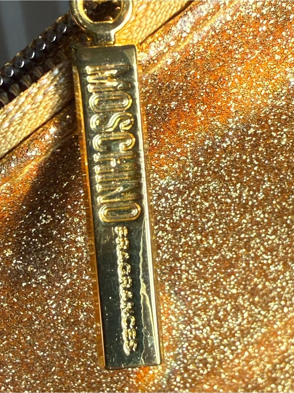 Moschino Gold Glitter Cosmetic Pouch with Branded Strap